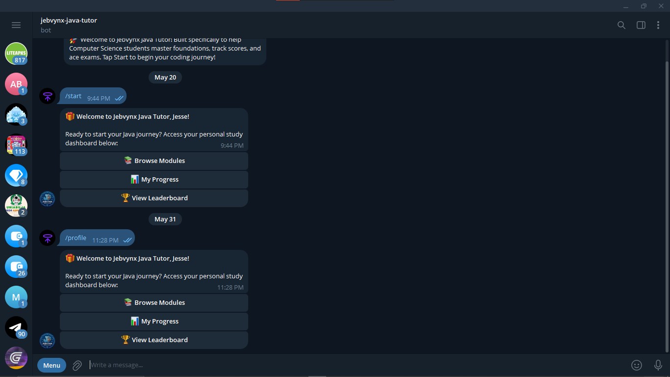 Jebvynx Java Tutor command overview screenshot in Telegram